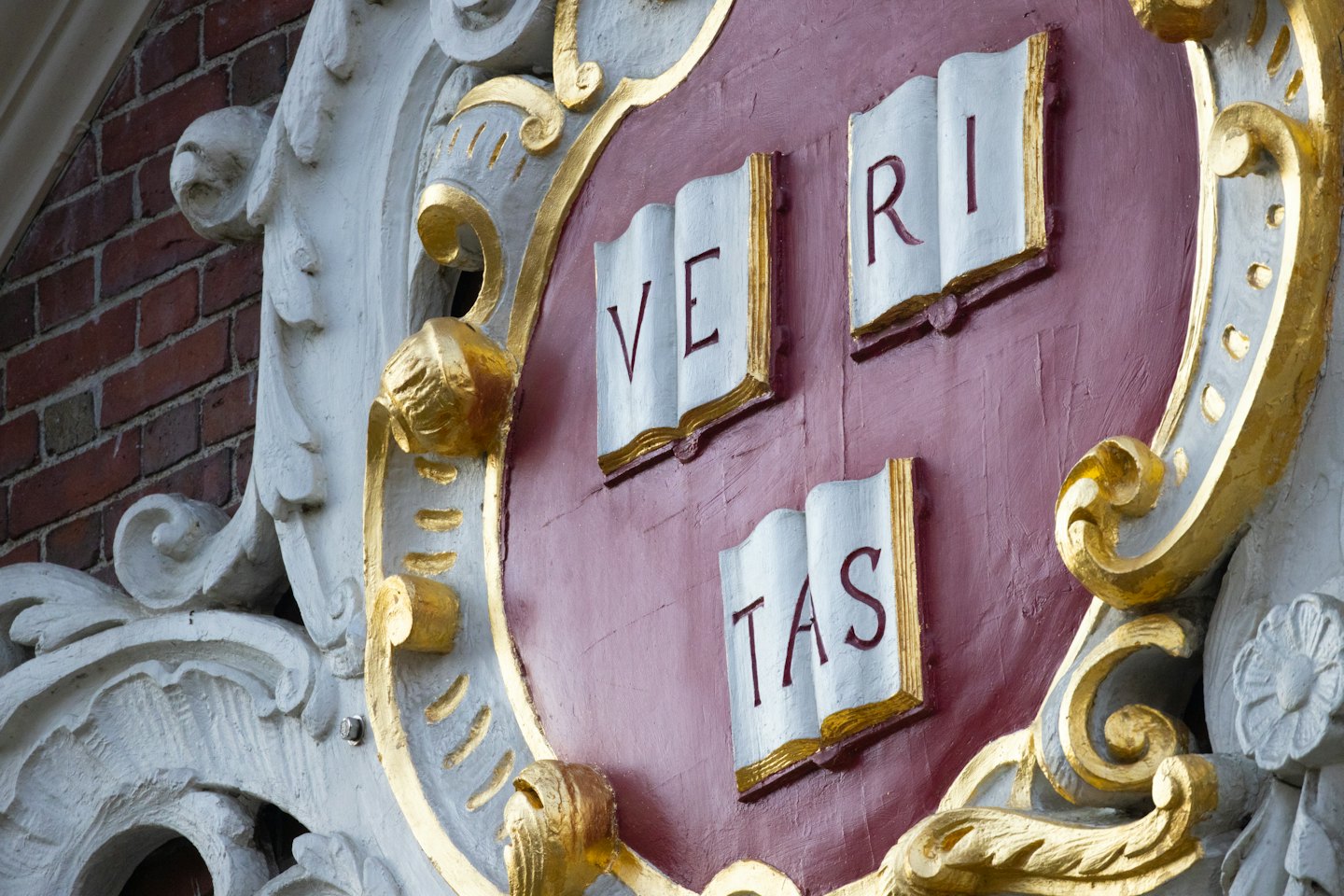Ornato stemma araldico con libri aperti e lettere intagliate.