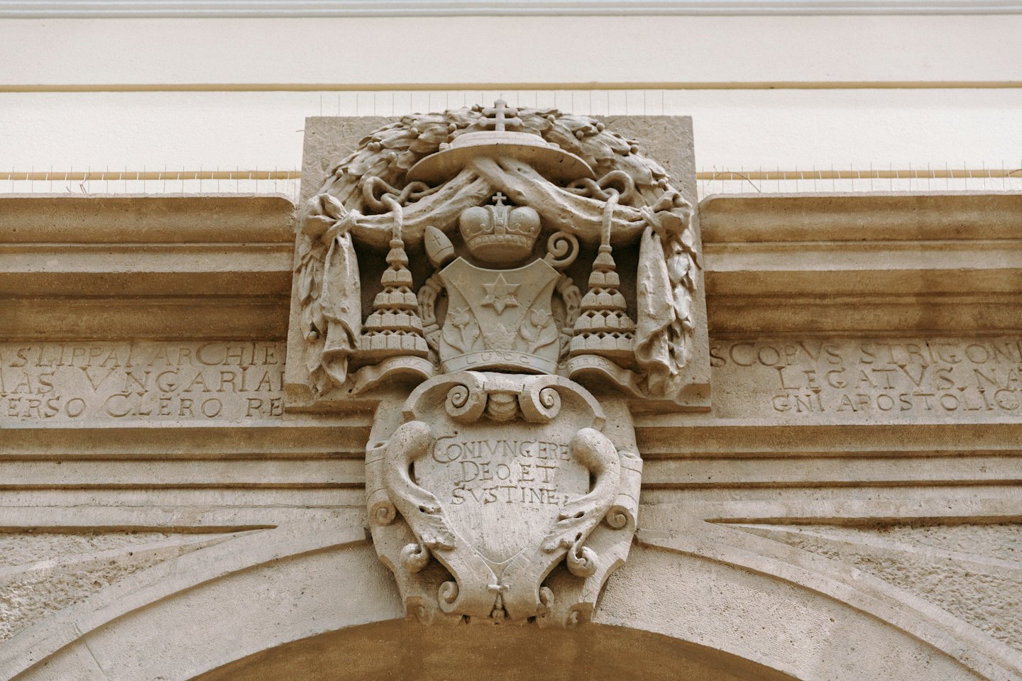Intricato intaglio in pietra con uno stemma coronato da una corona e mitre.